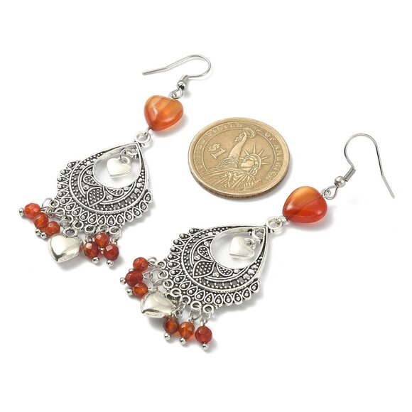 NWOT Natural Red Agate & Hearts Drop Dangle Chandelier Boho Gypsy Earrings 2/$20 - Picture 3 of 3